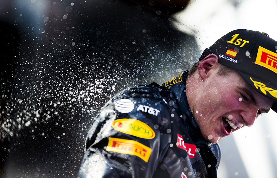 Max Verstappen of Netherlands and Red Bull Racing celebrates on the podium following his win during the Spanish Formula One Grand Prix at Circuit Barcelona on May 15, 2016 in Montmelo, Spain.