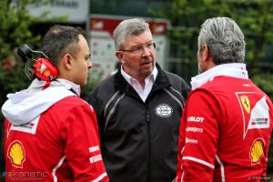 (L to R): Ross Brawn (GBR) Managing Director, Motor Sports with Maurizio Arrivabene (ITA) Ferrari Team Principal. 07.04.2017. Formula 1 World Championship, Rd 2, Chinese Grand Prix, Shanghai, China, Practice Day. - www.xpbimages.com, EMail: requests@xpbimages.com - copy of publication required for printed pictures. Every used picture is fee-liable. © Copyright: Moy / XPB Images