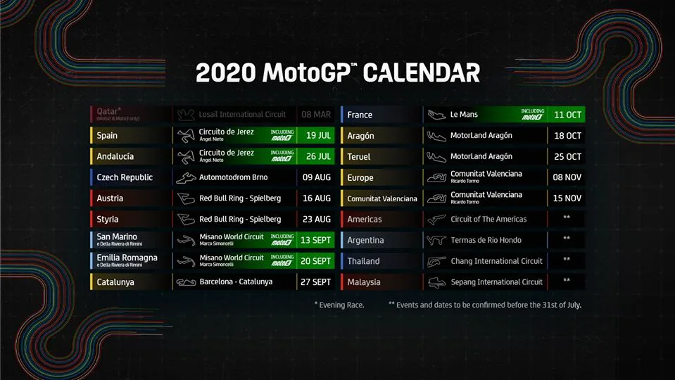 MotoGP 2020 thông báo lịch thi đấu mới-bắt đầu bằng hai chặng đua ở Jerez vào tháng Bảy