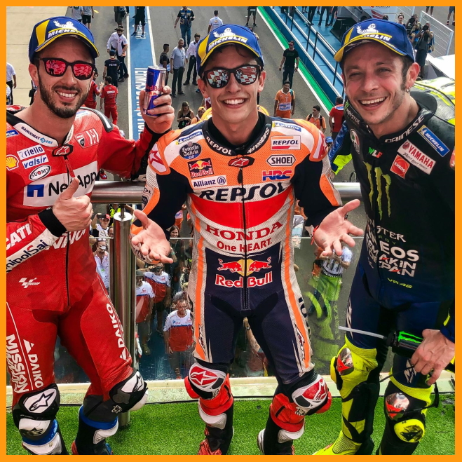 Các tay đua MotoGP nổi tiếng, Andrea Dovizioso, Marc Marquez và Valentino Rossi