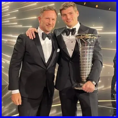 Christian Horner và Max Verstappen ở lễ FIA Gala 2021