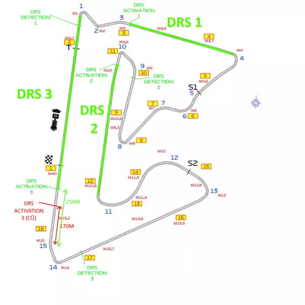 Sơ đồ các đoạn đường DRS (màu xanh) ở trường đua Bahrain 2023