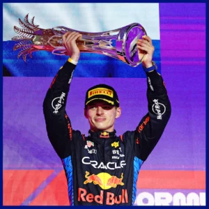 Ảnh: Max Verstappen ăn mừng chiến thắng GP Ả Rập Saudi 2024, cũng là podium thứ 100 trong sự nghiệp