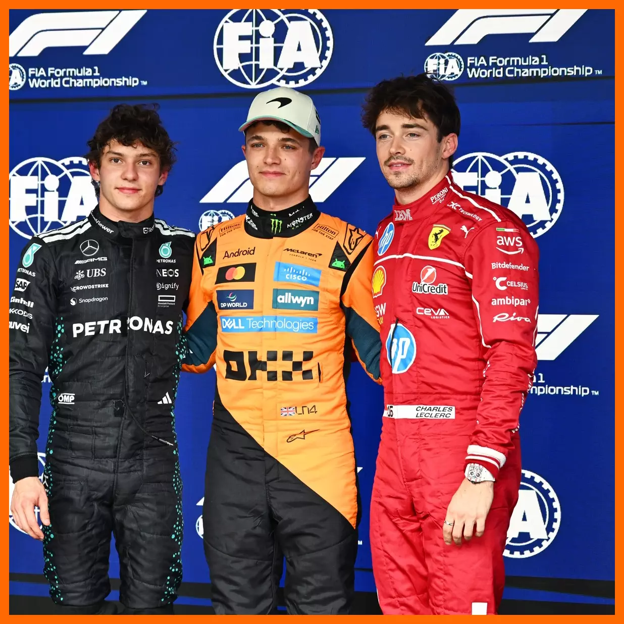 Lando Norris Kimi Antonelli Charles Leclerc sau cuộc đua phân hạng đua chính chặng đua xe F1 GP Sao Paulo 2025 ở trường đua Interlagos